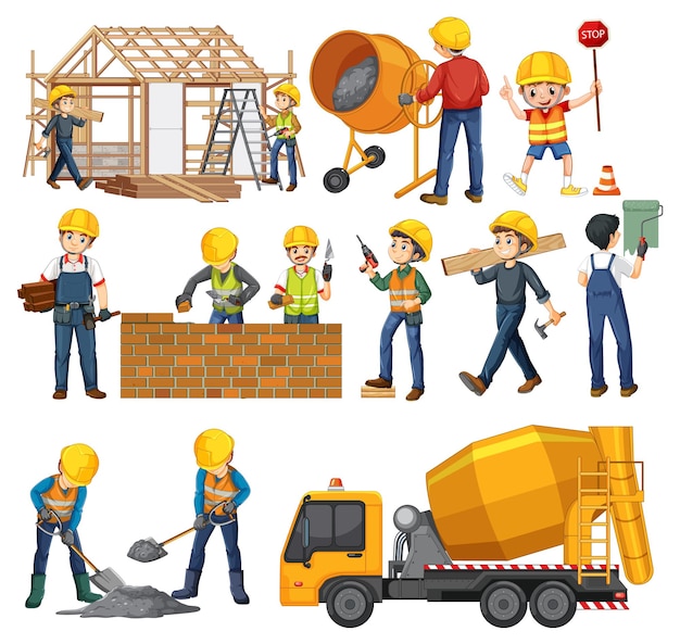 Free vector set of construction site objects and workers