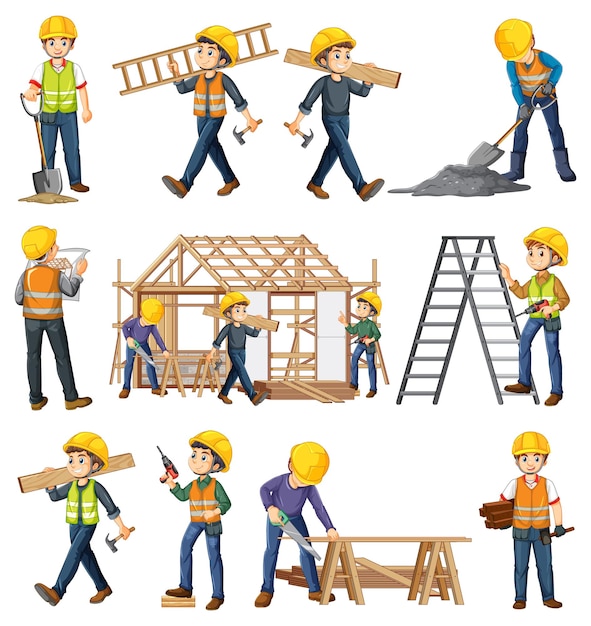 Free vector set of construction site objects and workers