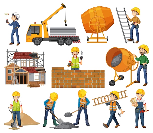 Free vector set of construction site objects and workers