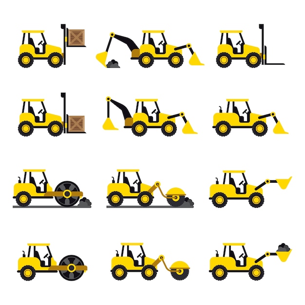 A set of construction vehicles icons in flat style