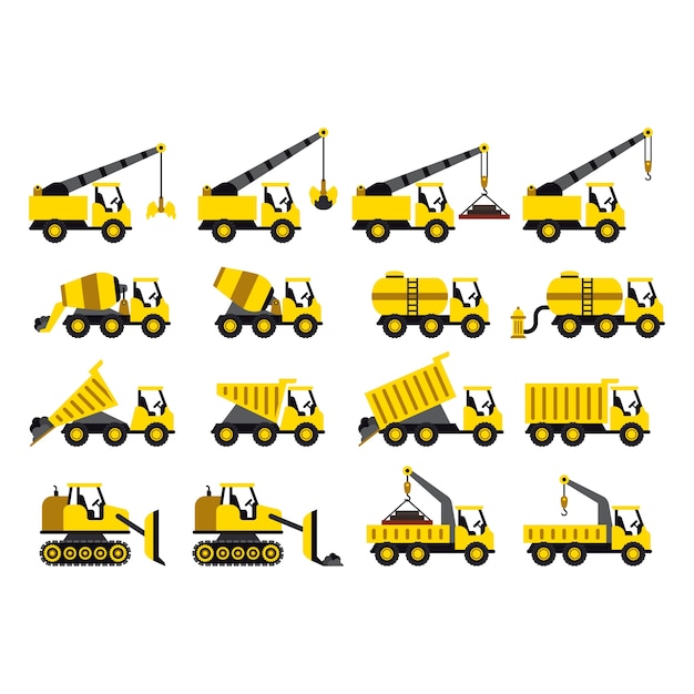 Free vector a set of construction vehicles icons in flat style