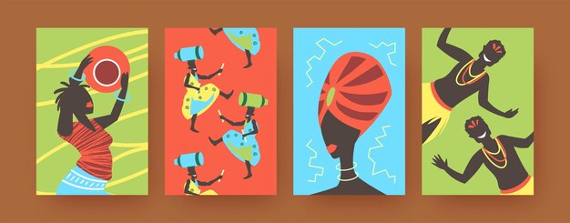 Set of contemporary art posters with African tribal dancing.  illustration.