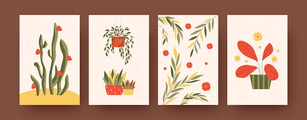 Set of contemporary art posters with garden theme. Vector illustration. 
Collection of plants on stands and in floral pots