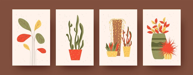 Free Vector set of contemporary art posters with plants and flowers. vector illustration. 
collection of plants in floral pots in different combinations