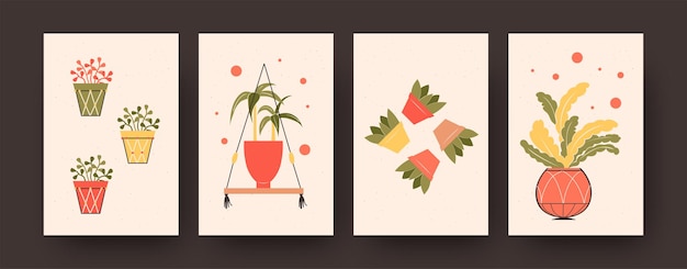 Free Vector set of contemporary art posters with potted aloe vera. flowers in pots vector illustrations in pastel colors