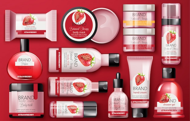 Set of cosmetic with strawberry with place for text on red background. Body milk, hand cream, shower gel, perfume, soap, mask and spray