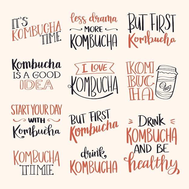 Free vector set of creative kombucha tea lettering