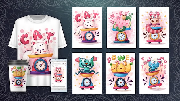 Set cute animal poster and merchandising