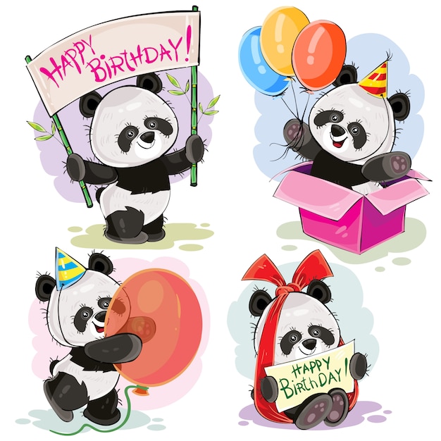 Free Vector set of cute baby panda bears with happy birthday banner, with bow and greeting card