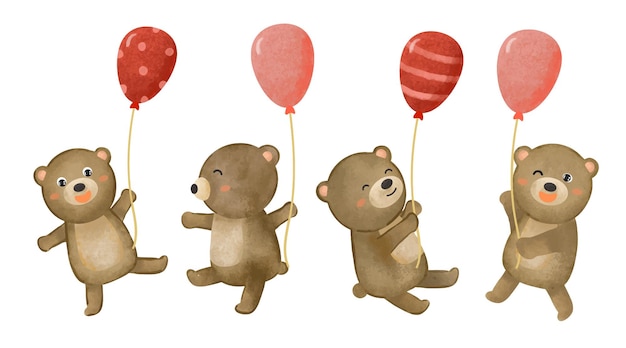 Free Vector set of cute bear with balloon in various gesture watercolor painting