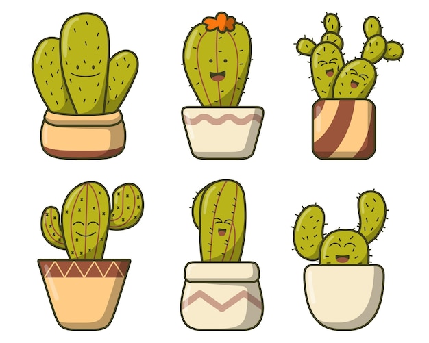 Set of cute cactus in pot with verious shape and emotion drawing in cartoon style isolated on white background vector illustration