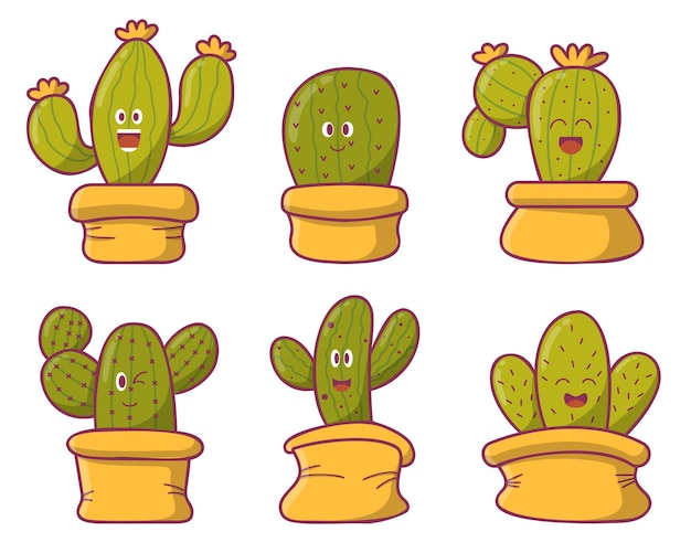 Set of cute cactus in pot with verious shape and emotion drawing in cartoon style isolated on white background vector illustration