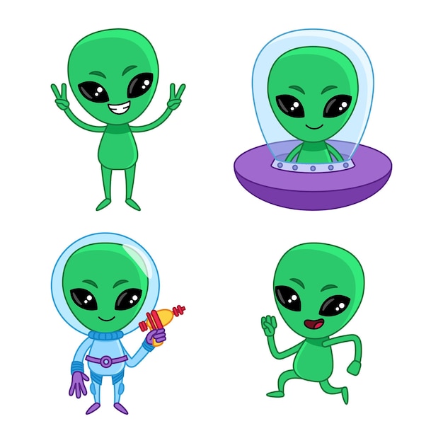 Set of cute cartoon alien character showing piece sign, running, sitting in flying saucer