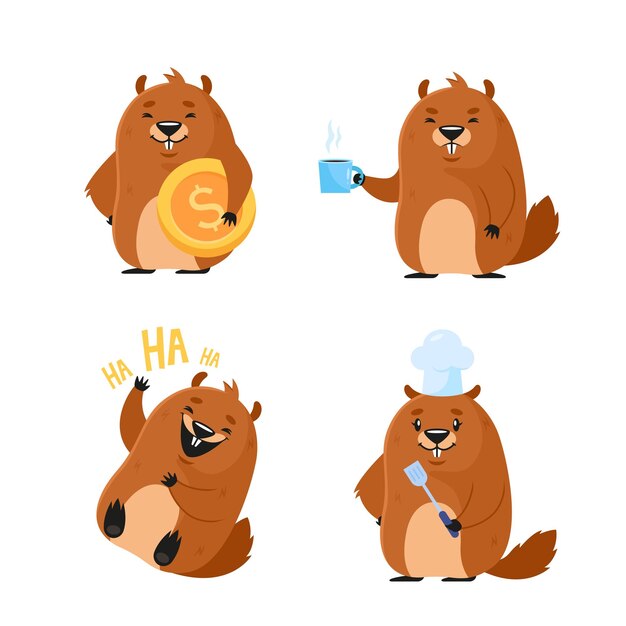 Set of cute cartoon beaver character cooking drinking coffee holding gold coin and laughing