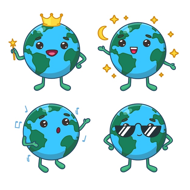 Set of cute cartoon earth character singing song, wearing sunglasses, crown and holding magic wand