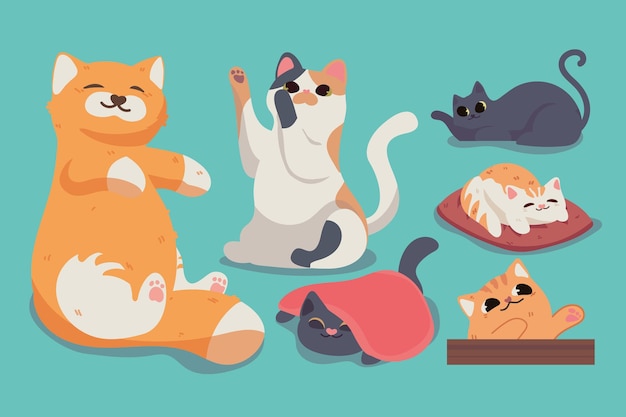 Free Vector set cute cats pets animals