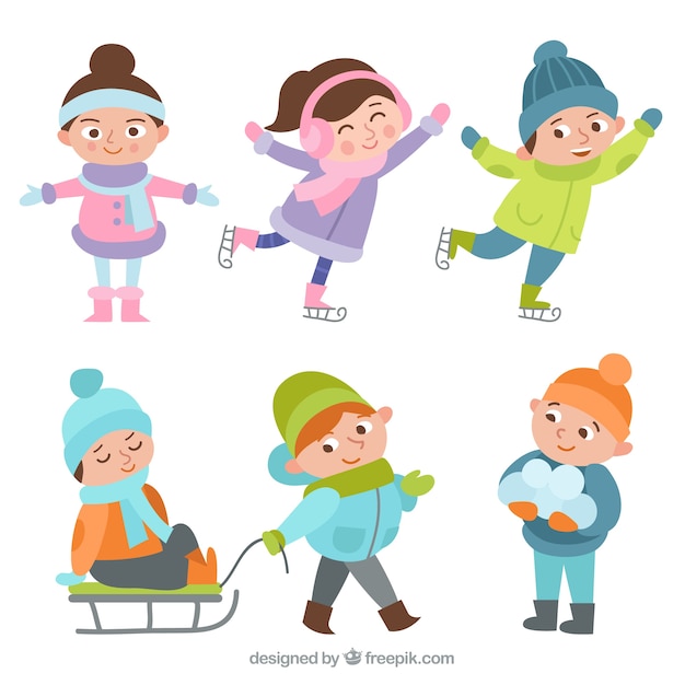 Set of cute children practising winter sports