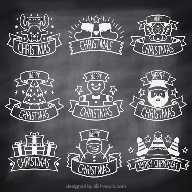 Free Vector set of cute christmas stickers on blackboard effect