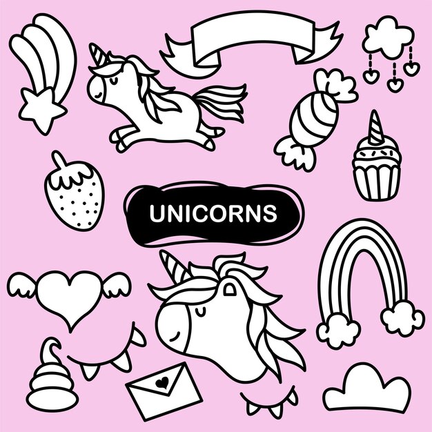 A set of cute doodle unicorn illustration hand drawn