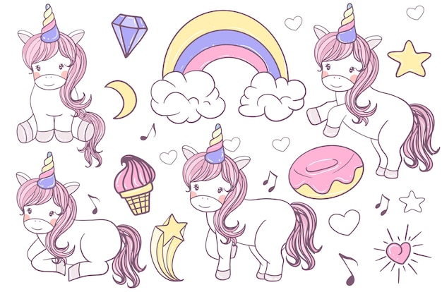 A set of cute doodle unicorn illustration hand drawn