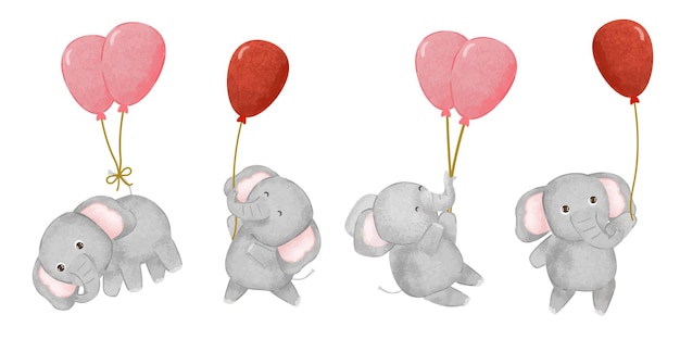 Free Vector set of cute elephant with balloon in various gesture watercolor painting