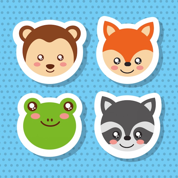 Free Vector set cute face wildlife animals 