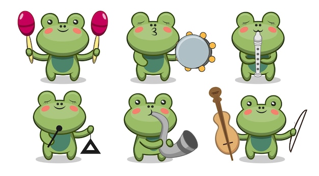 Free Vector set of cute frog in cartoon characters playing on various music instruments playing on violin flute accordion and cello vector illustration