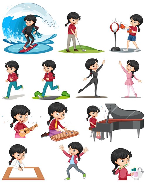 Set of a cute girl doing different activities