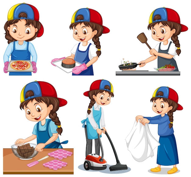 Free vector set of a cute girl doing different activities