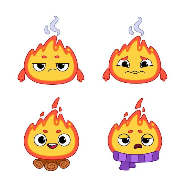 Free Vector set of cute hand-drawn flame characters  with annoyed, sad expressions, firewood, scarf