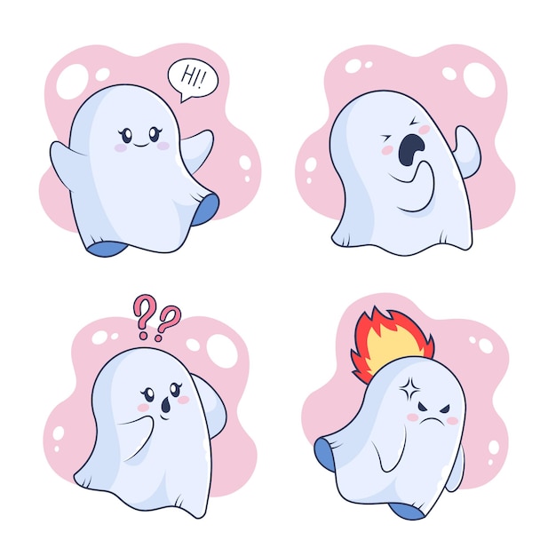 Free Vector set of cute hand-drawn ghosts saying hi, screaming, asking questions, burning with anger