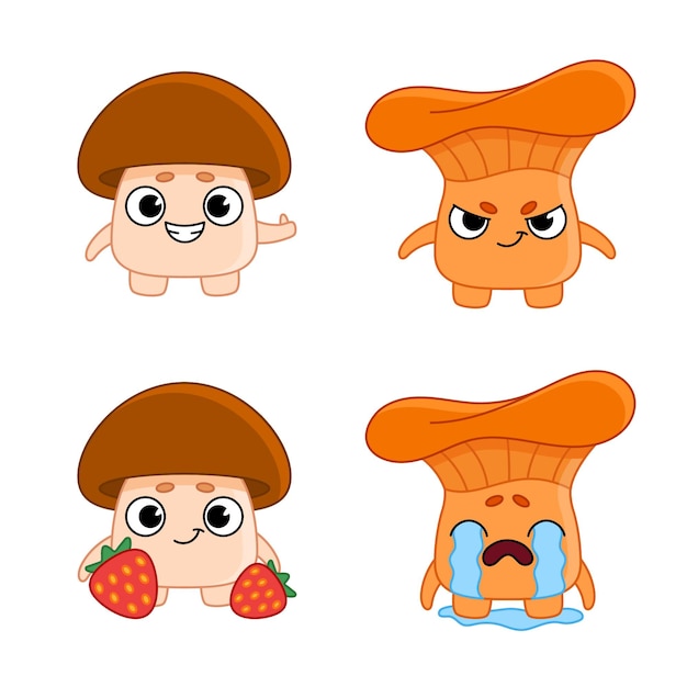 Free vector set of cute hand-drawn mushroom characters showing thumb up, sneering, crying, holding strawberries