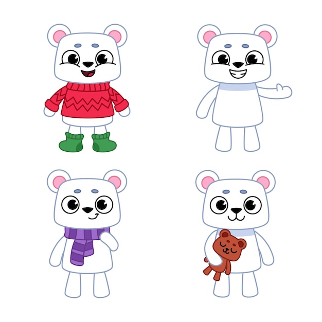 Free Vector set of cute hand-drawn white bears wearing sweater and boots, scarf, showing thumb up, holding teddy bear