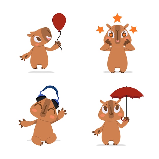 Free Vector set of cute handdrawn capybaras holding balloon getting excited listening to music holding umbrella