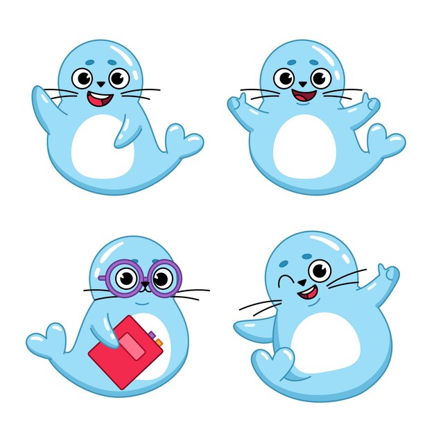 Set of cute handdrawn cartoon seals waving showing thumbs up holding book winking