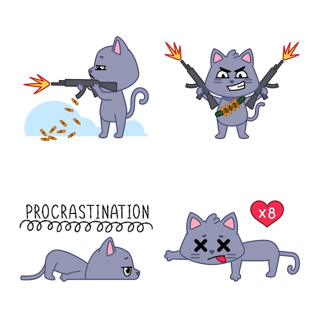 Set of cute handdrawn cats shooting with firearm lying with procrastination feeling love