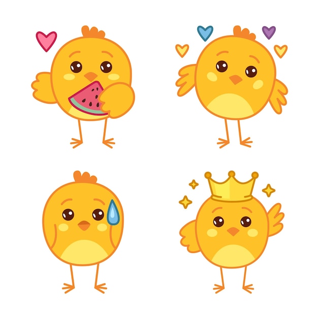 Free Vector set of cute handdrawn chicks eating watermelon feeling love confused wearing crown