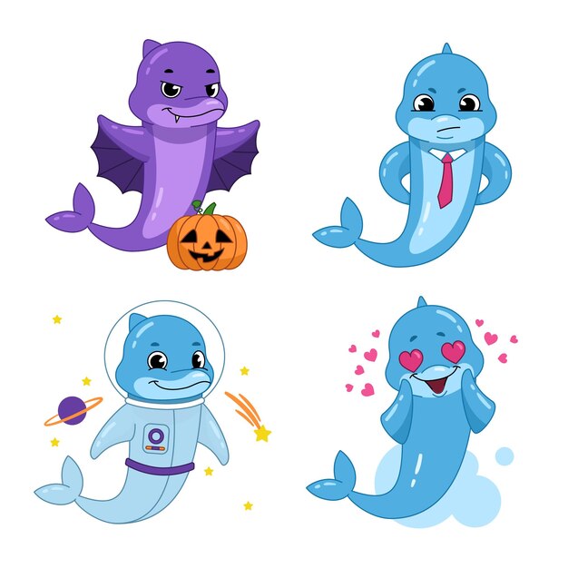 Set of cute handdrawn dolphins wearing dragon businessman astronaut costumes feeling love