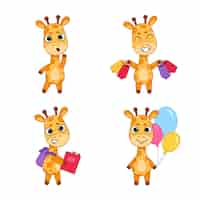 Free vector set of cute handdrawn giraffes standing surprised shopping carrying backpack holding balloons