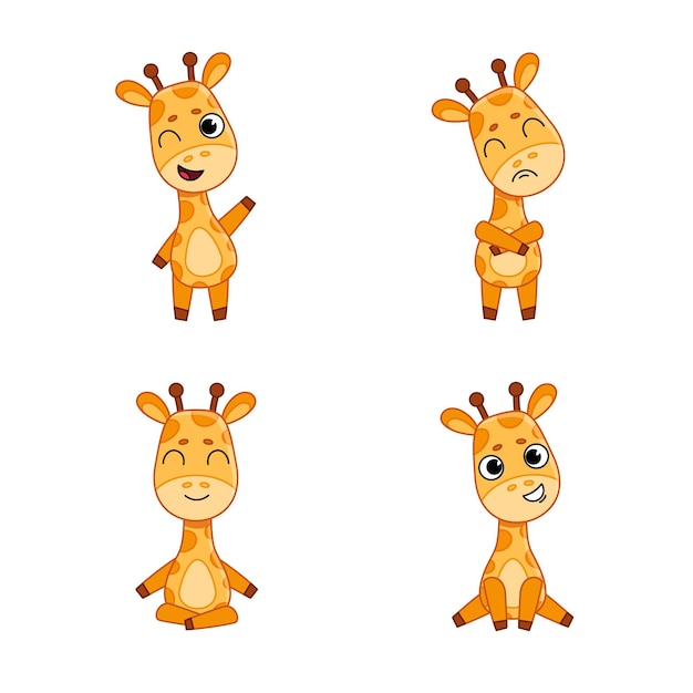 Free vector set of cute handdrawn giraffes winking feeling offended meditating smiling