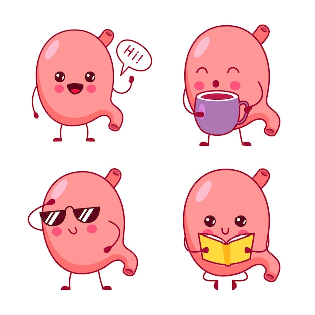 Set of cute handdrawn human stomachs saying hi drinking coffee wearing sunglasses reading book