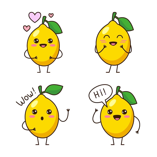 Set of cute handdrawn lemons feeling love smiling surprising greeting