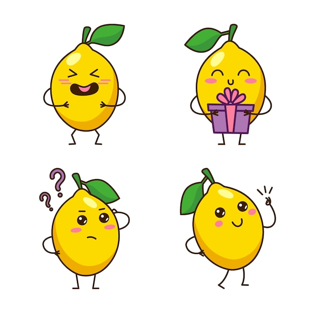 Free vector set of cute handdrawn lemons laughing holding gift box asking questions snapping fingers