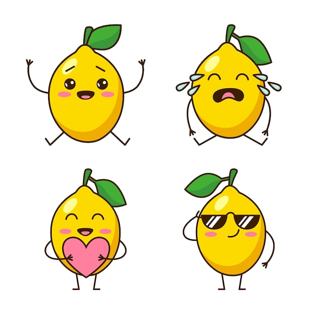 Set of cute handdrawn lemons smiling crying holding heart wearing sunglasses