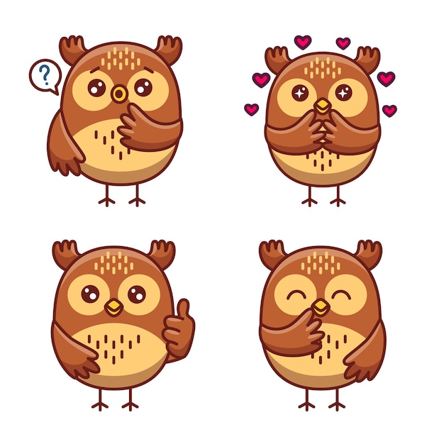 Free Vector set of cute handdrawn little owls asking questions feeling love showing thumb up laughing