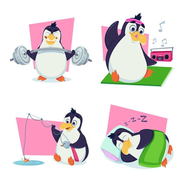 Free vector set of cute handdrawn penguins lifting barbell stretching to music fishing sleeping