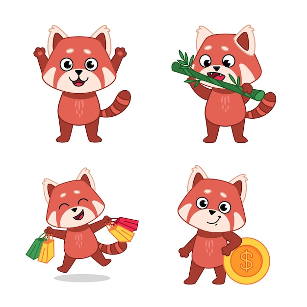 Set of cute handdrawn red pandas raising hands crunching bamboo shopping standing at coin