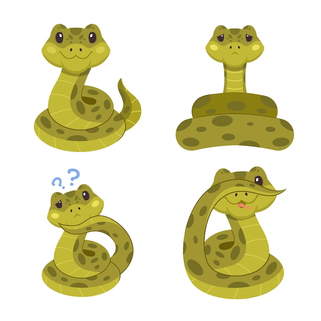 Free vector set of cute handdrawn snakes smiling feeling sad asking questions covering eye