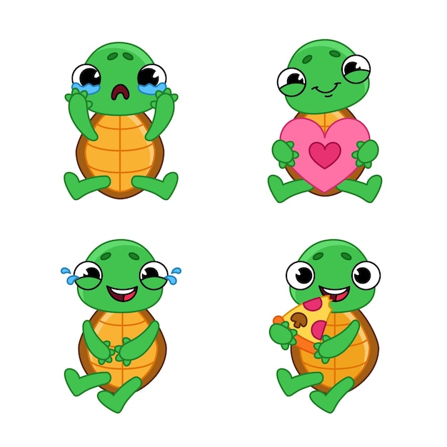 Free Vector set of cute handdrawn turtles crying holding heart laughing tears eating pizza