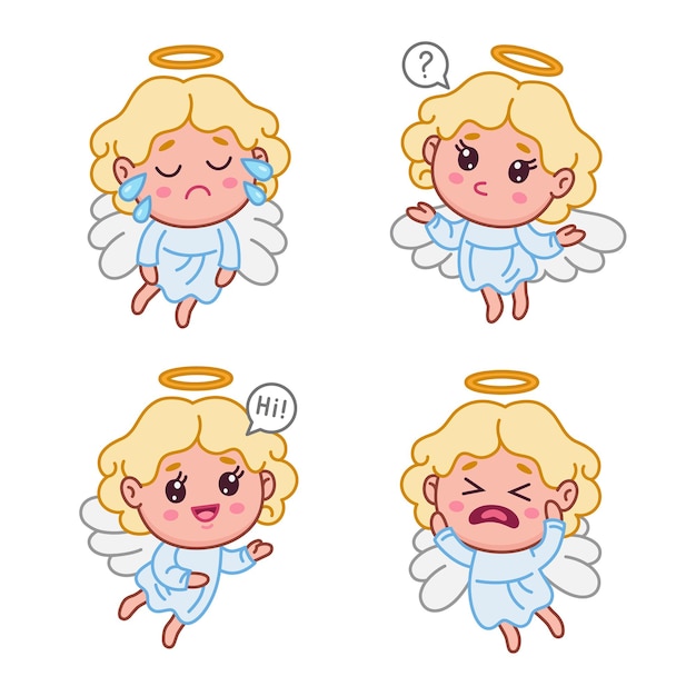 Free Vector set of cute little angel with nimbus crying, having question and saying hi